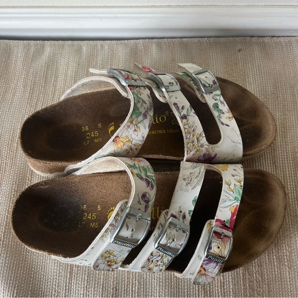 Papillio Birkenstock Boston Clogs W7 M5 White Floral Slip On Shoes Adjust Buckle - Picture 12 of 16